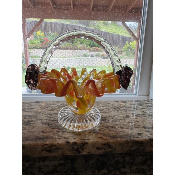 Vintage Bright Glass Mini Basket 6” height with Dark Brown Flowers on Handle - Picture 2 of 11